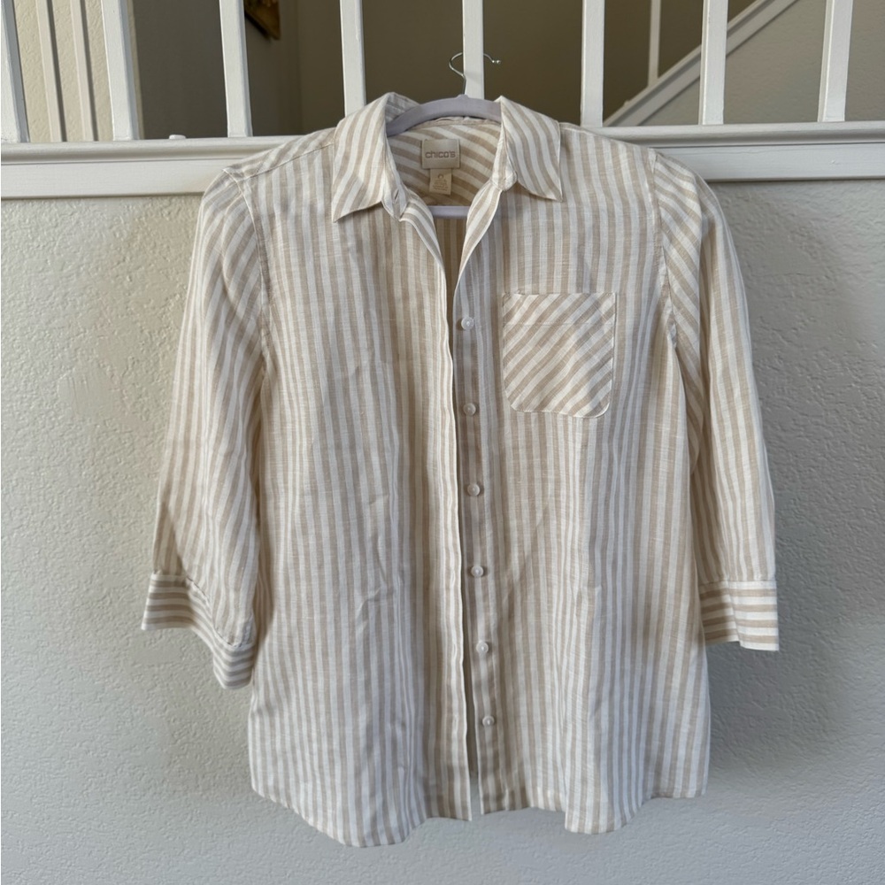 Chico's Beige Linen Striped Button-Down Shirt